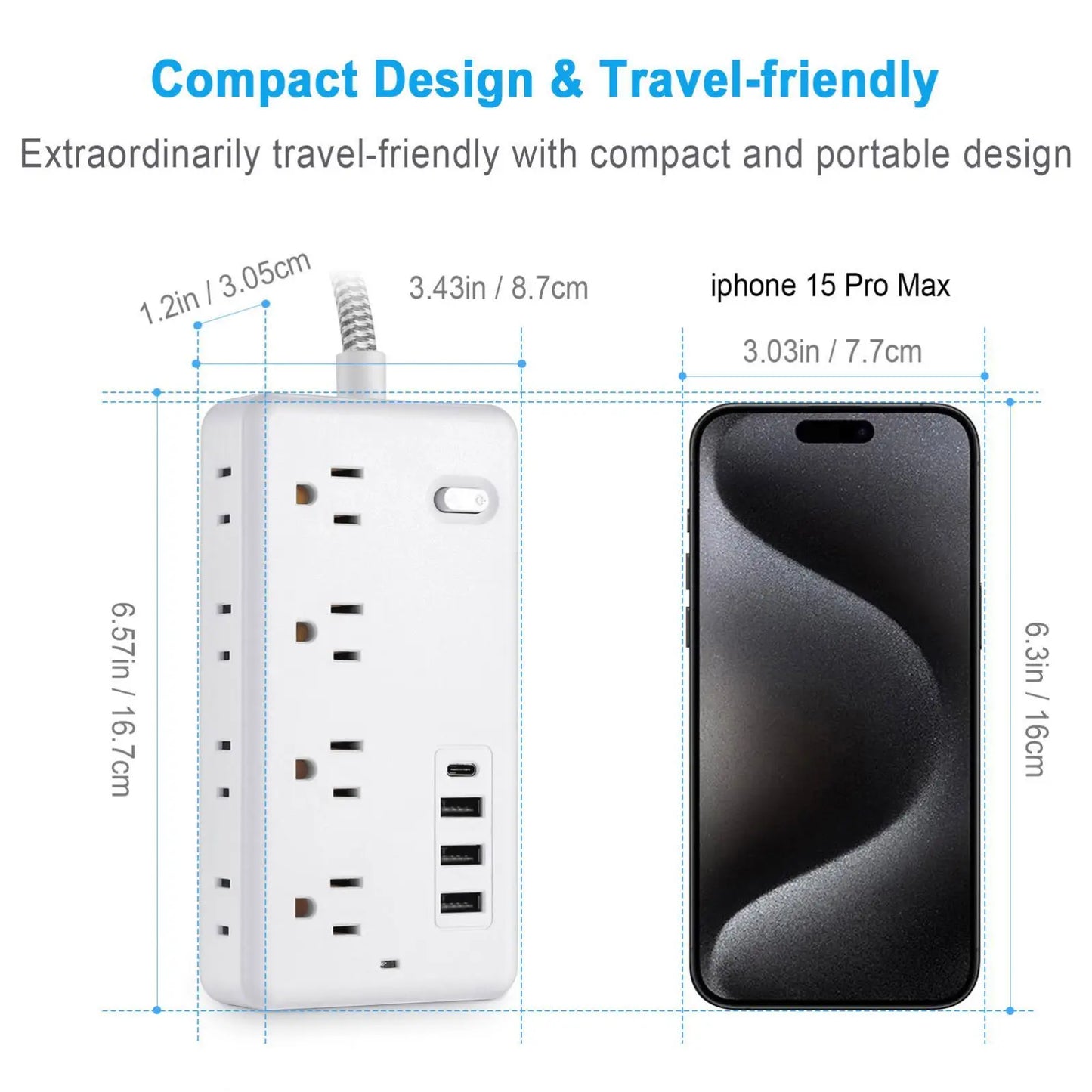 * US Power Strip - 8+ Ports, Surge Protector Power Strip, 8 Widely Outlets, 3 USB Ports, Flat Plug Wall Mount, Outlet Extender, Desk Accessories