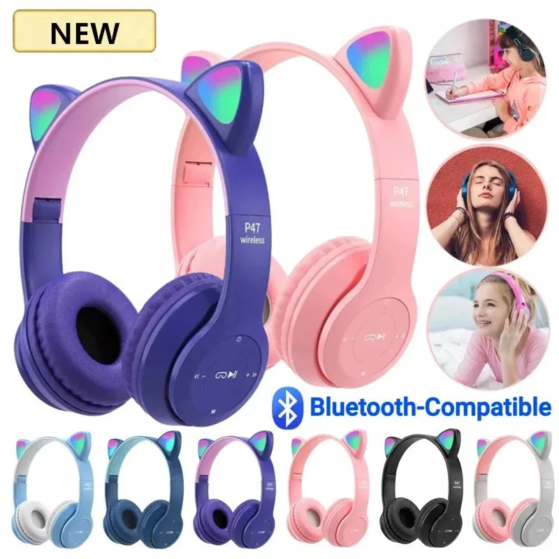 * Glowing Cat Ears Gaming Headset - Hot-Selling P47M Cat Ears, Foldable Stereo Headset, Luminous Design On-Ear Over-Ear Gaming Headphones