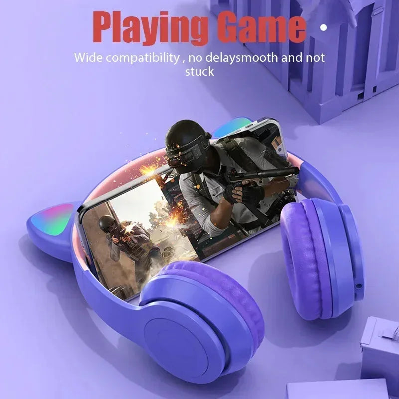 * Glowing Cat Ears Gaming Headset - Hot-Selling P47M Cat Ears, Foldable Stereo Headset, Luminous Design On-Ear Over-Ear Gaming Headphones