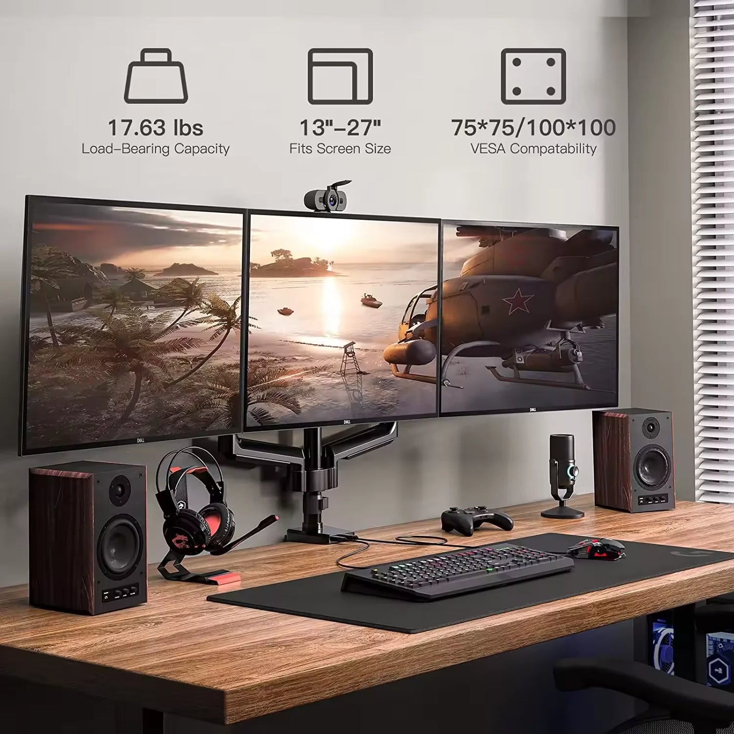 * 3 Monitor Desk Mount for Computer Screens up to 27 Inch - Triple Monitor Arm with Gas Spring, Heavy Duty Monitor Stand
