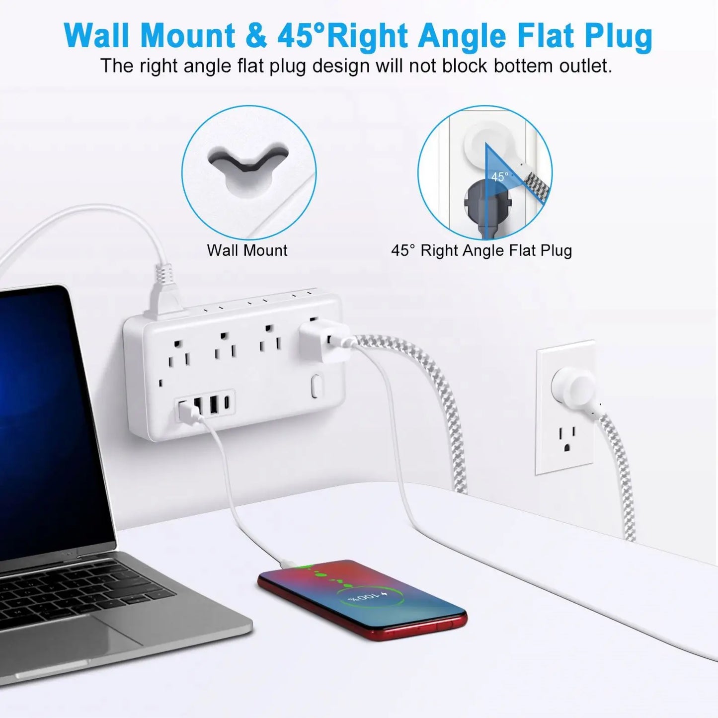 * US Power Strip - 8+ Ports, Surge Protector Power Strip, 8 Widely Outlets, 3 USB Ports, Flat Plug Wall Mount, Outlet Extender, Desk Accessories