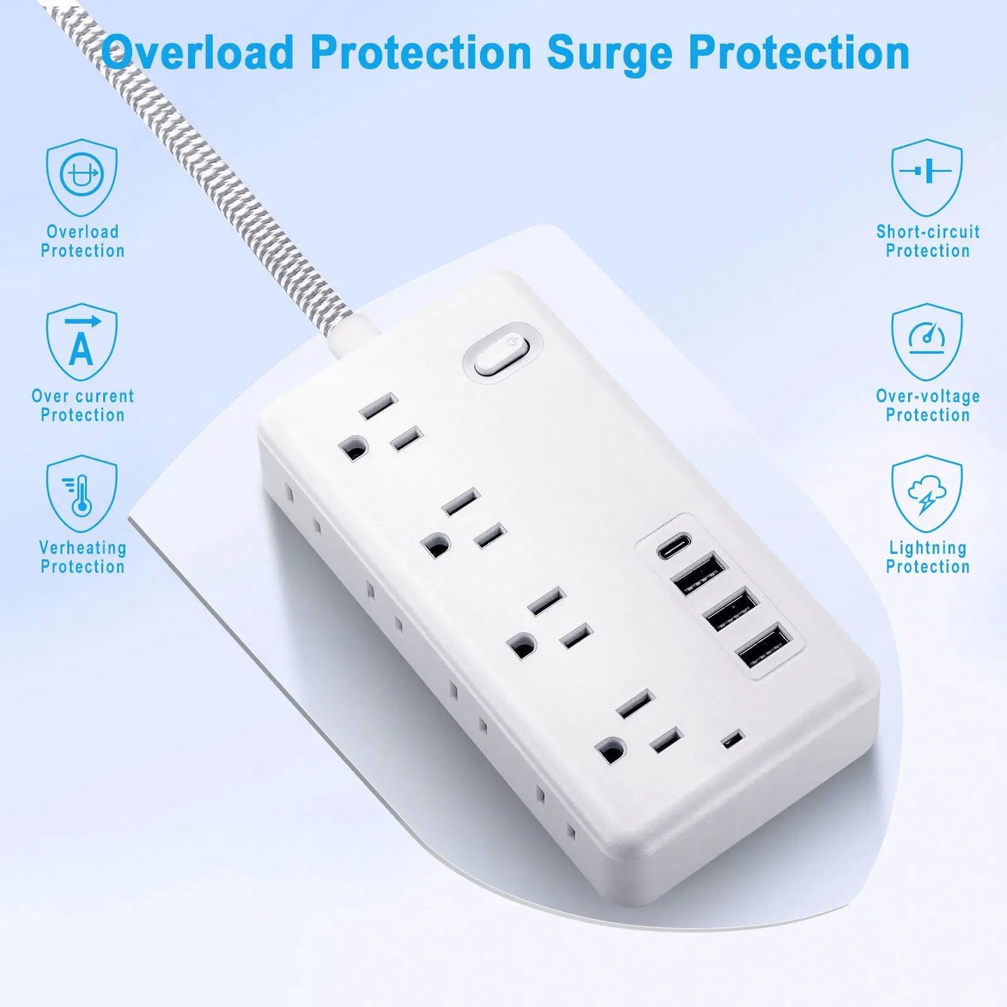 * US Power Strip - 8+ Ports, Surge Protector Power Strip, 8 Widely Outlets, 3 USB Ports, Flat Plug Wall Mount, Outlet Extender, Desk Accessories