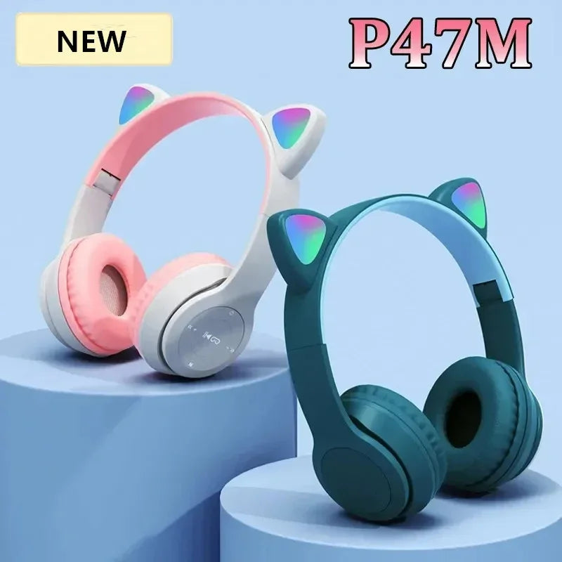 * Glowing Cat Ears Gaming Headset - Hot-Selling P47M Cat Ears, Foldable Stereo Headset, Luminous Design On-Ear Over-Ear Gaming Headphones