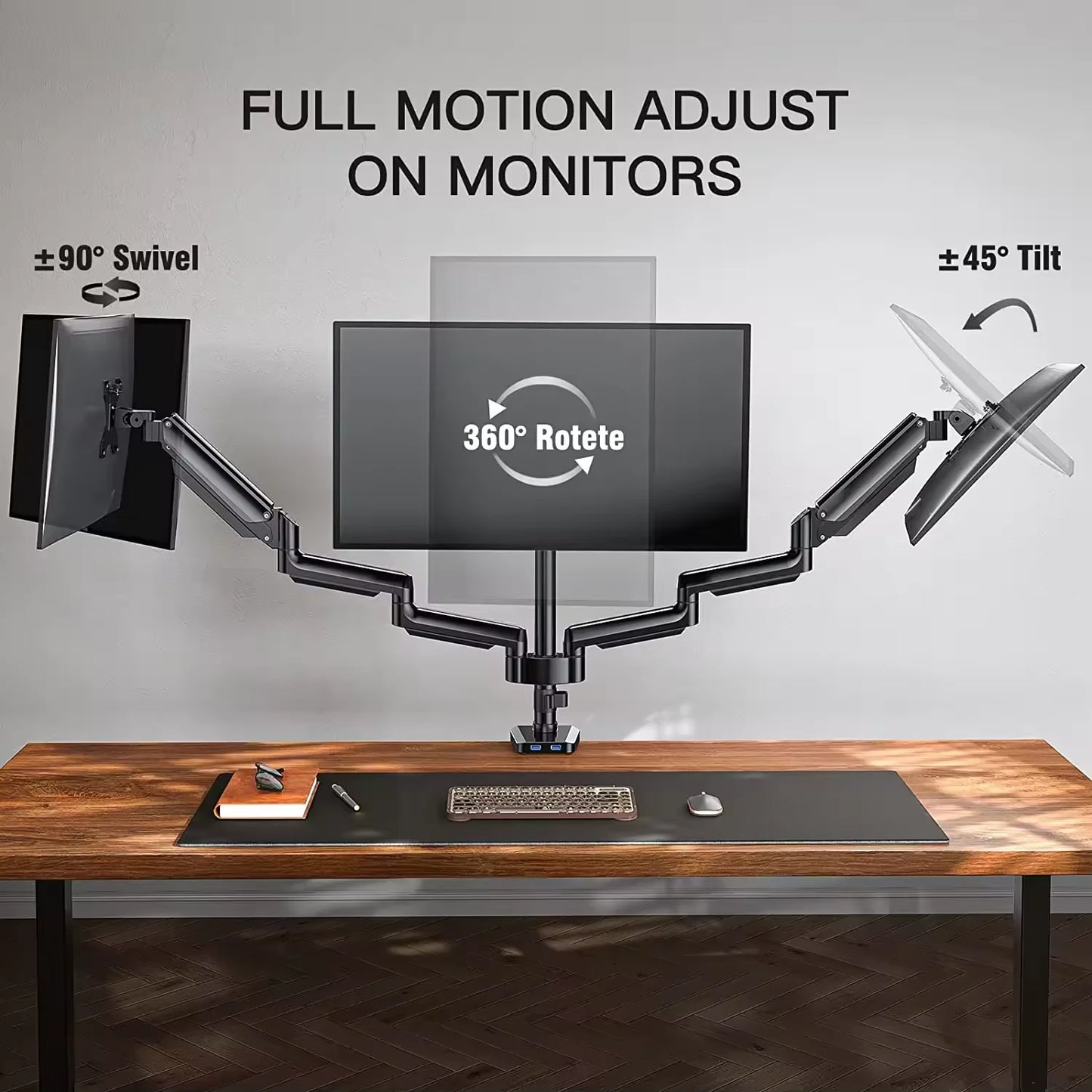 * 3 Monitor Desk Mount for Computer Screens up to 27 Inch - Triple Monitor Arm with Gas Spring, Heavy Duty Monitor Stand