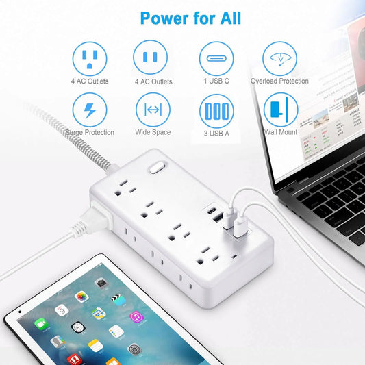 * US Power Strip - 8+ Ports, Surge Protector Power Strip, 8 Widely Outlets, 3 USB Ports, Flat Plug Wall Mount, Outlet Extender, Desk Accessories