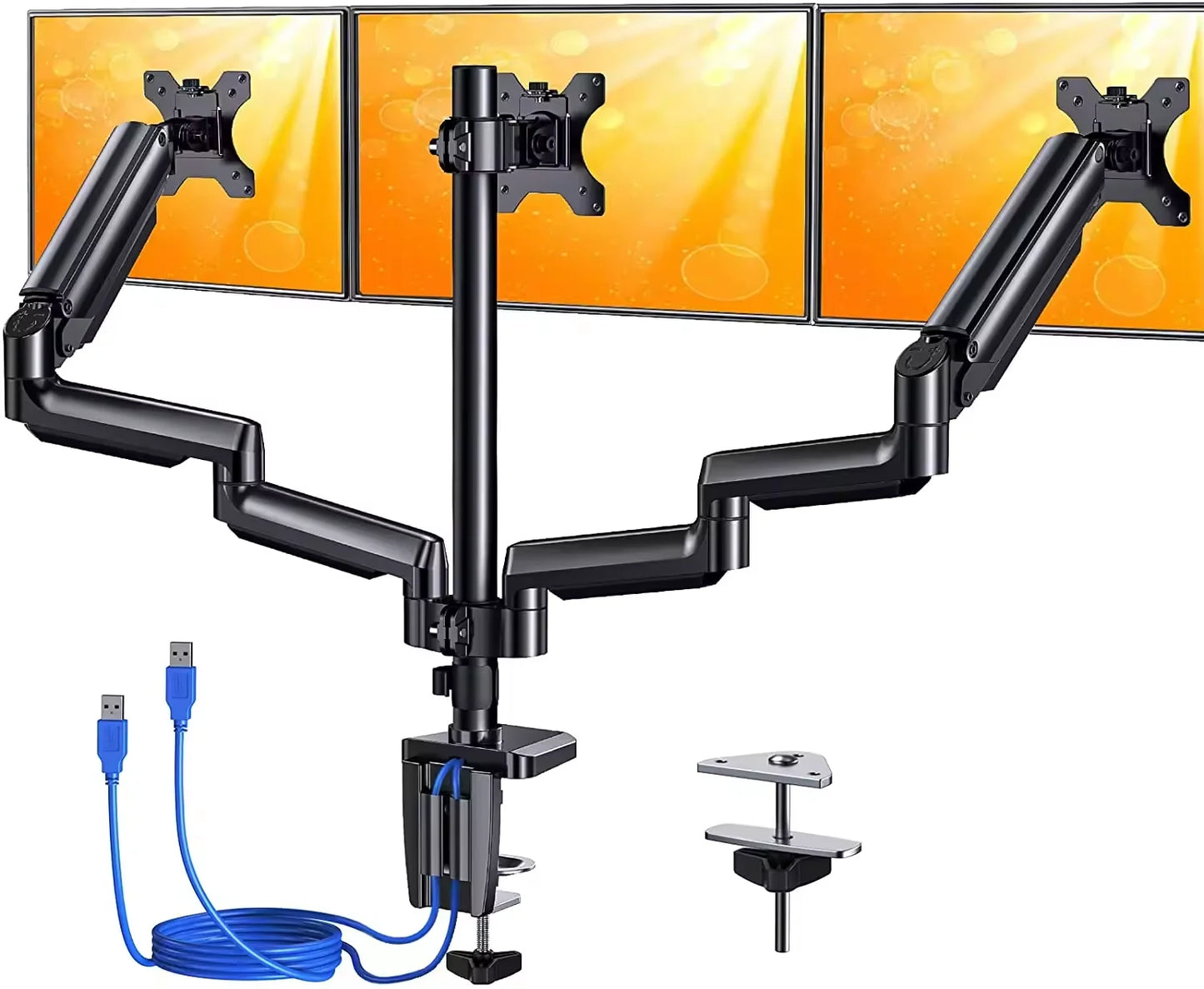* 3 Monitor Desk Mount for Computer Screens up to 27 Inch - Triple Monitor Arm with Gas Spring, Heavy Duty Monitor Stand