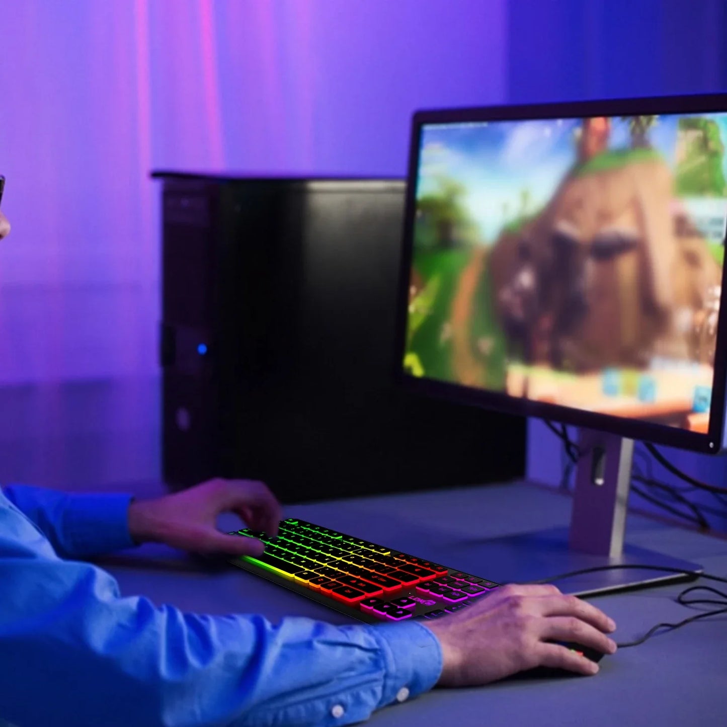* Gaming Computer Keyboard - Light Backlit RGB, Mute Wired Keyboard, USB, Office, Home, Available in German, Russian, Arabic, Spanish, English and French