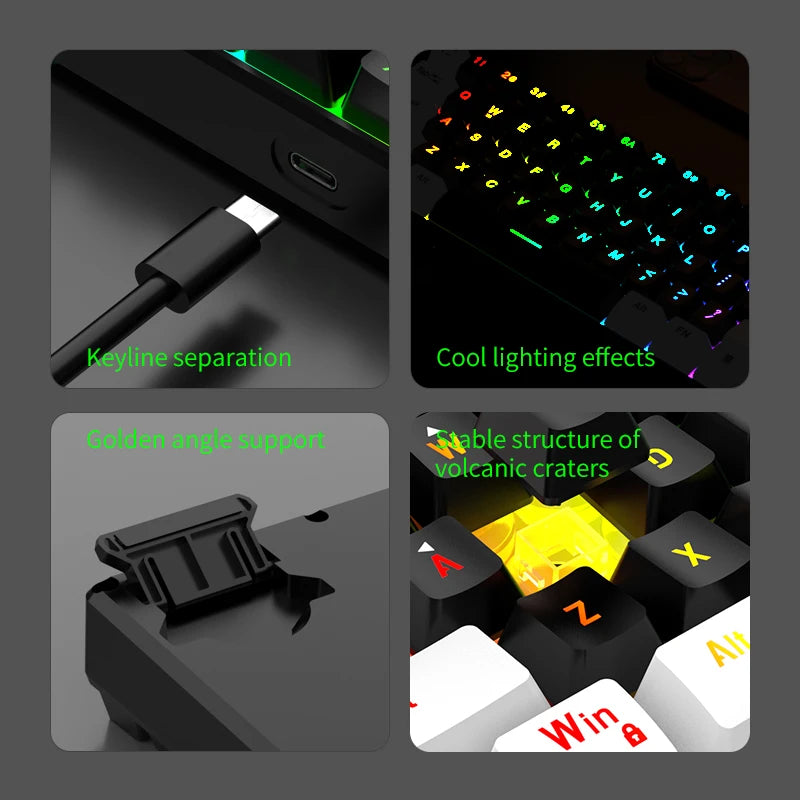 Wired Gaming Keyboard - 60% compact wired keyboard with 61 key membrane layout, RGB backlighting, ergonomic design, small and portable office computer
