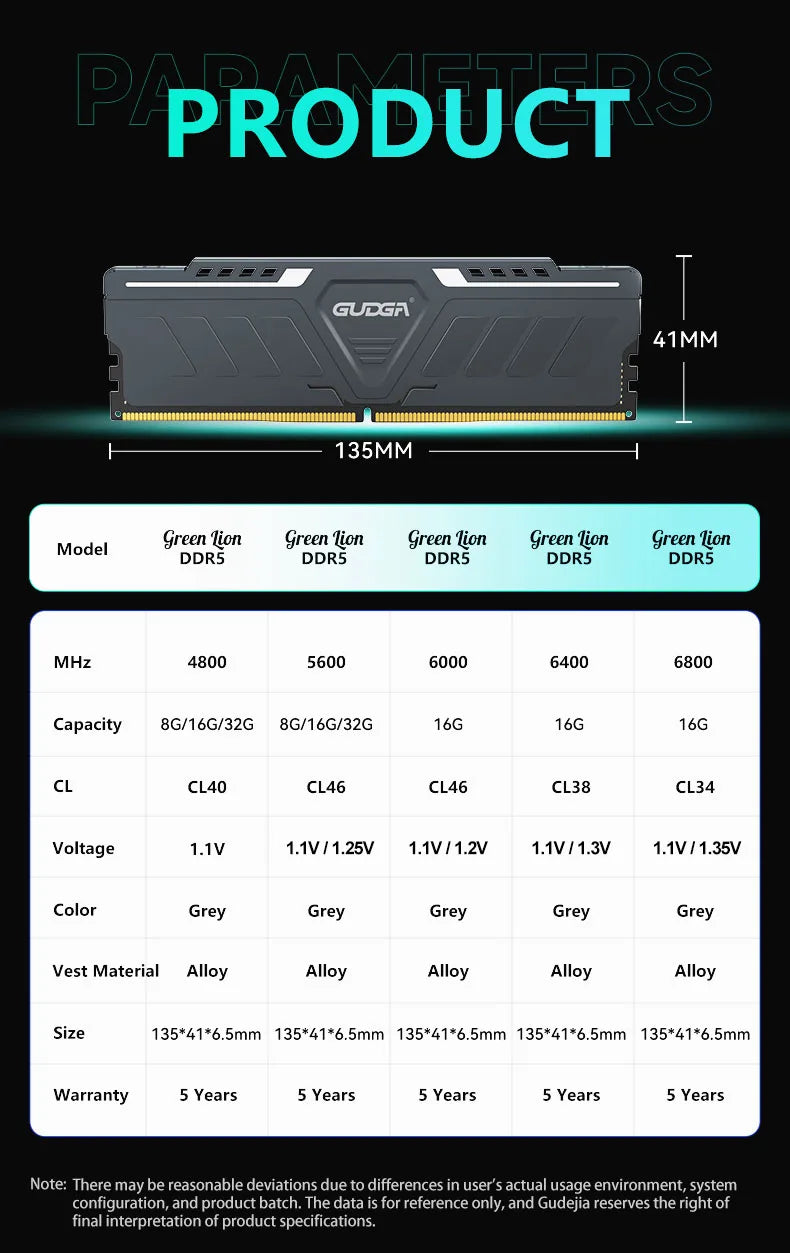 * GUDGA Memoria Ram DDR5 - 8GB/16GB/32GB 4800MHz 5600Mhz 6000Mhz 6400Mhz 6800Mhz  CL34/38/46/40 Desktop Computer Dimm Memory