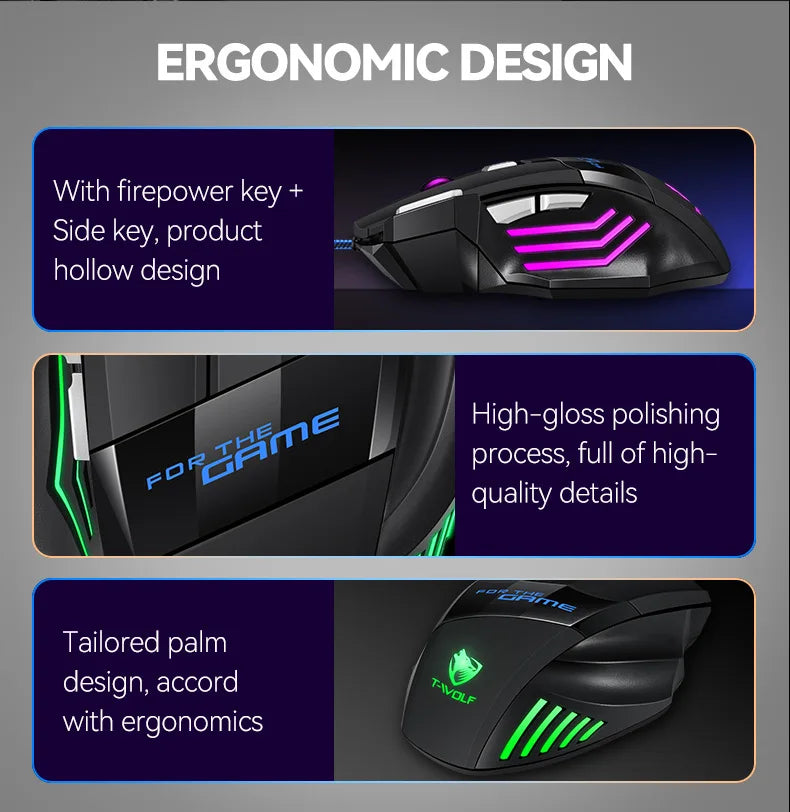 Gaming Computer Mouse #8 - USB Wired, 7 Button, Backlit Ergonomic, Backlight Adjustable