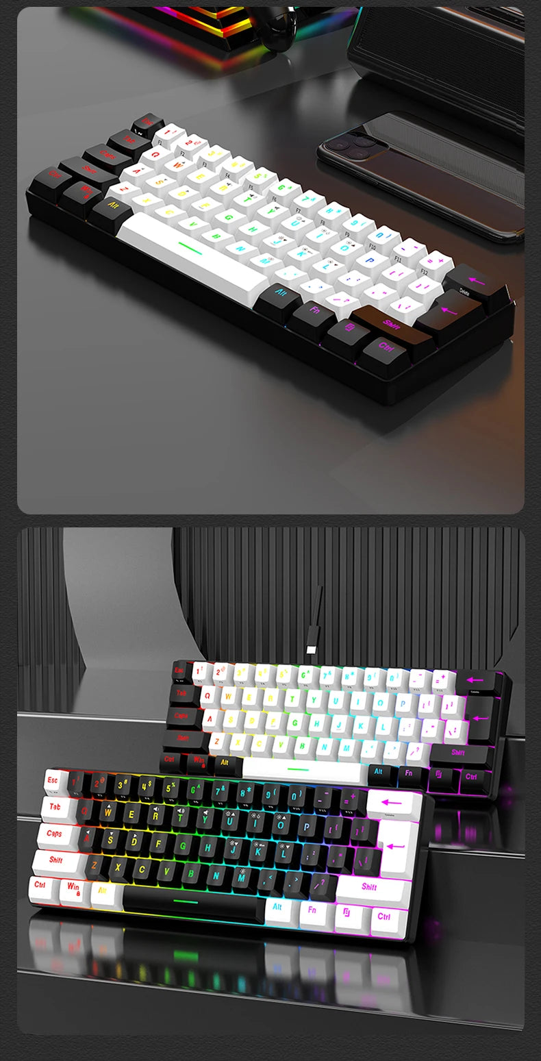 Wired Gaming Keyboard - 60% compact wired keyboard with 61 key membrane layout, RGB backlighting, ergonomic design, small and portable office computer