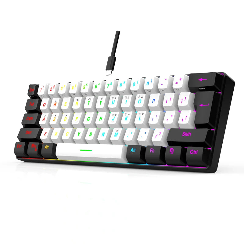 Wired Gaming Keyboard - 60% compact wired keyboard with 61 key membrane layout, RGB backlighting, ergonomic design, small and portable office computer