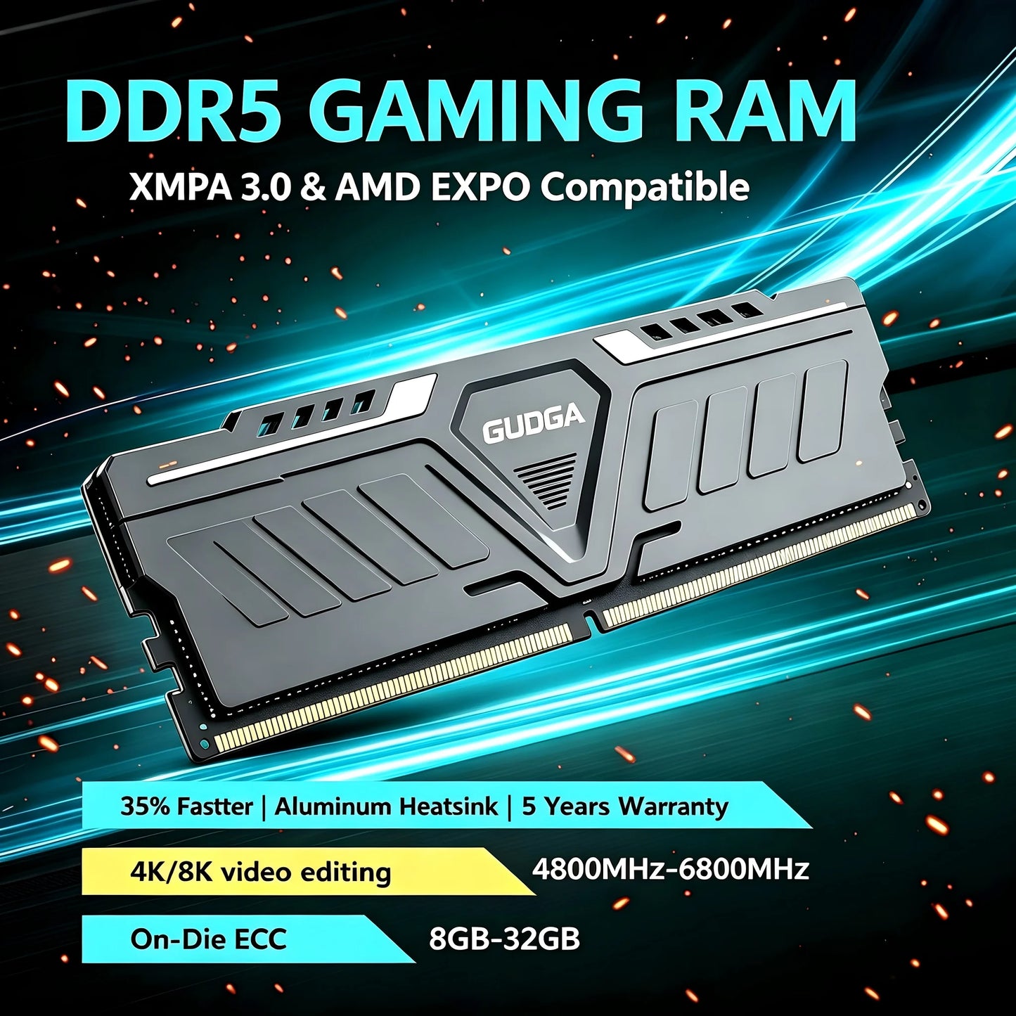 * GUDGA Memoria Ram DDR5 - 8GB/16GB/32GB 4800MHz 5600Mhz 6000Mhz 6400Mhz 6800Mhz  CL34/38/46/40 Desktop Computer Dimm Memory