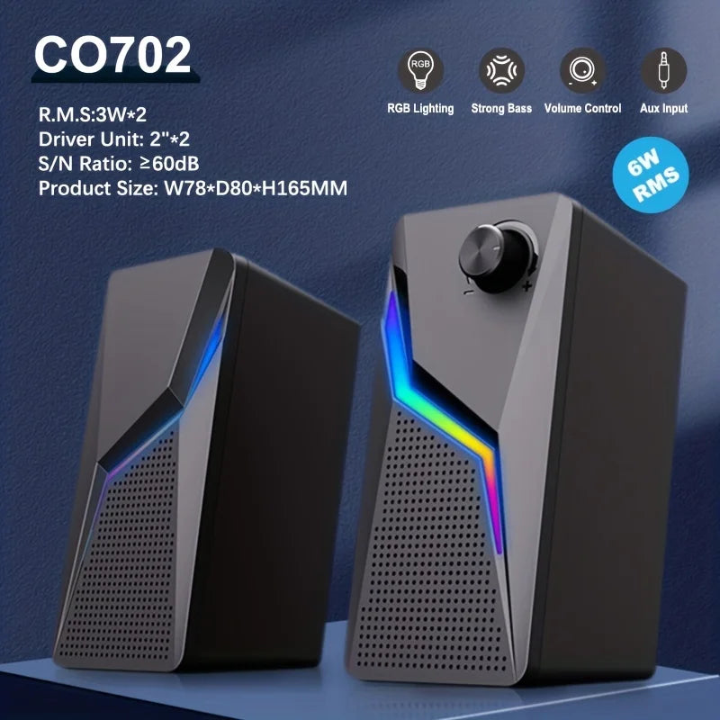 Computer Gaming Speakers - PC Sound Box, HIFI Stereo, Microphone USB Wired With LED RGB Lighting, Strong Bass 2.0 Loudspeaker