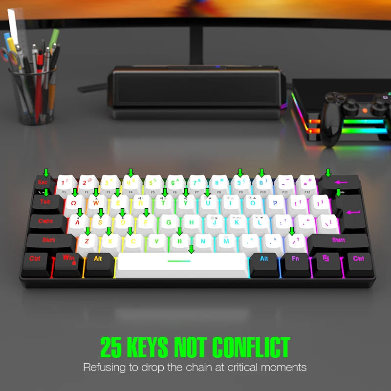 Wired Gaming Keyboard - 60% compact wired keyboard with 61 key membrane layout, RGB backlighting, ergonomic design, small and portable office computer