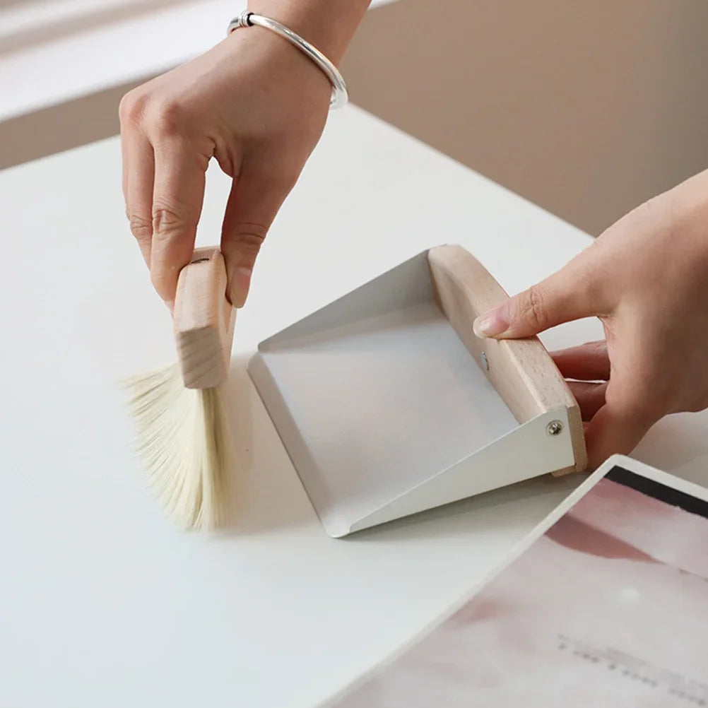 * Mini Dustpan and Brush Set - Wood, Small Metal Pan, Natural Table Handy Brush, Sweeping Home, Kitchen, Car, Office, Storage