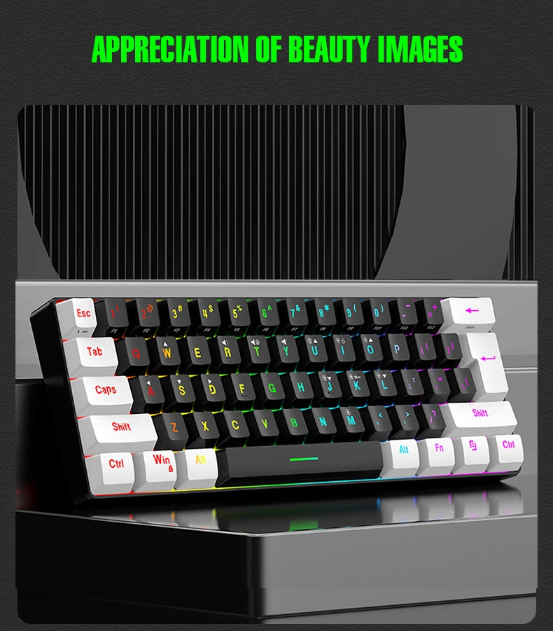 Wired Gaming Keyboard - 60% compact wired keyboard with 61 key membrane layout, RGB backlighting, ergonomic design, small and portable office computer