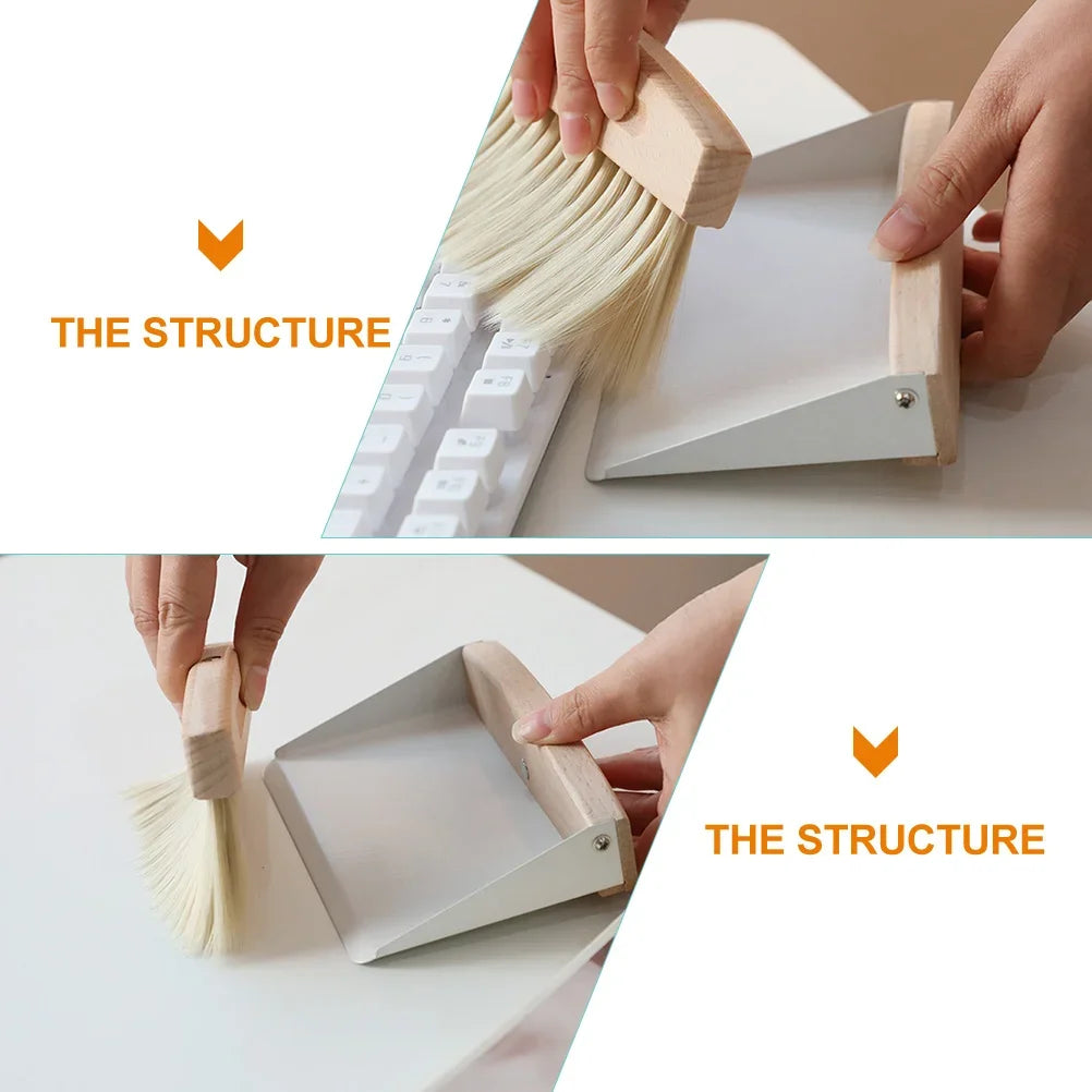 * Mini Dustpan and Brush Set - Wood, Small Metal Pan, Natural Table Handy Brush, Sweeping Home, Kitchen, Car, Office, Storage