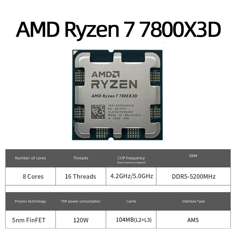 [NEW] AMD Ryzen 7 7800X3D (R7 7800X3D) - CPU 8-Core 16-Thread 5GHz Unlocked Desktop Processor Socket AM5 Gaming CPU Without Package