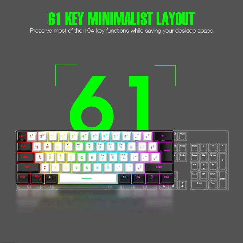 Wired Gaming Keyboard - 60% compact wired keyboard with 61 key membrane layout, RGB backlighting, ergonomic design, small and portable office computer