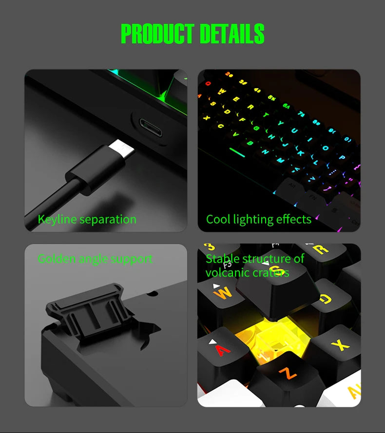 Wired Gaming Keyboard - 60% compact wired keyboard with 61 key membrane layout, RGB backlighting, ergonomic design, small and portable office computer