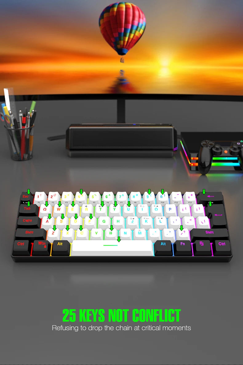Wired Gaming Keyboard - 60% compact wired keyboard with 61 key membrane layout, RGB backlighting, ergonomic design, small and portable office computer