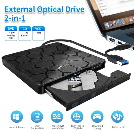 Computer/Laptop CD Player - USB 3.0 & Type-C, CD Player, DVD Burner, 2-in-1 External Optical Drives, Portable CD-RW DVD-ROM Writer Reader Recorder for PC Desktop Laptop