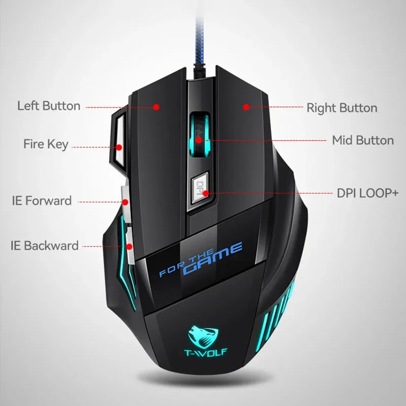 Gaming Computer Mouse #8 - USB Wired, 7 Button, Backlit Ergonomic, Backlight Adjustable