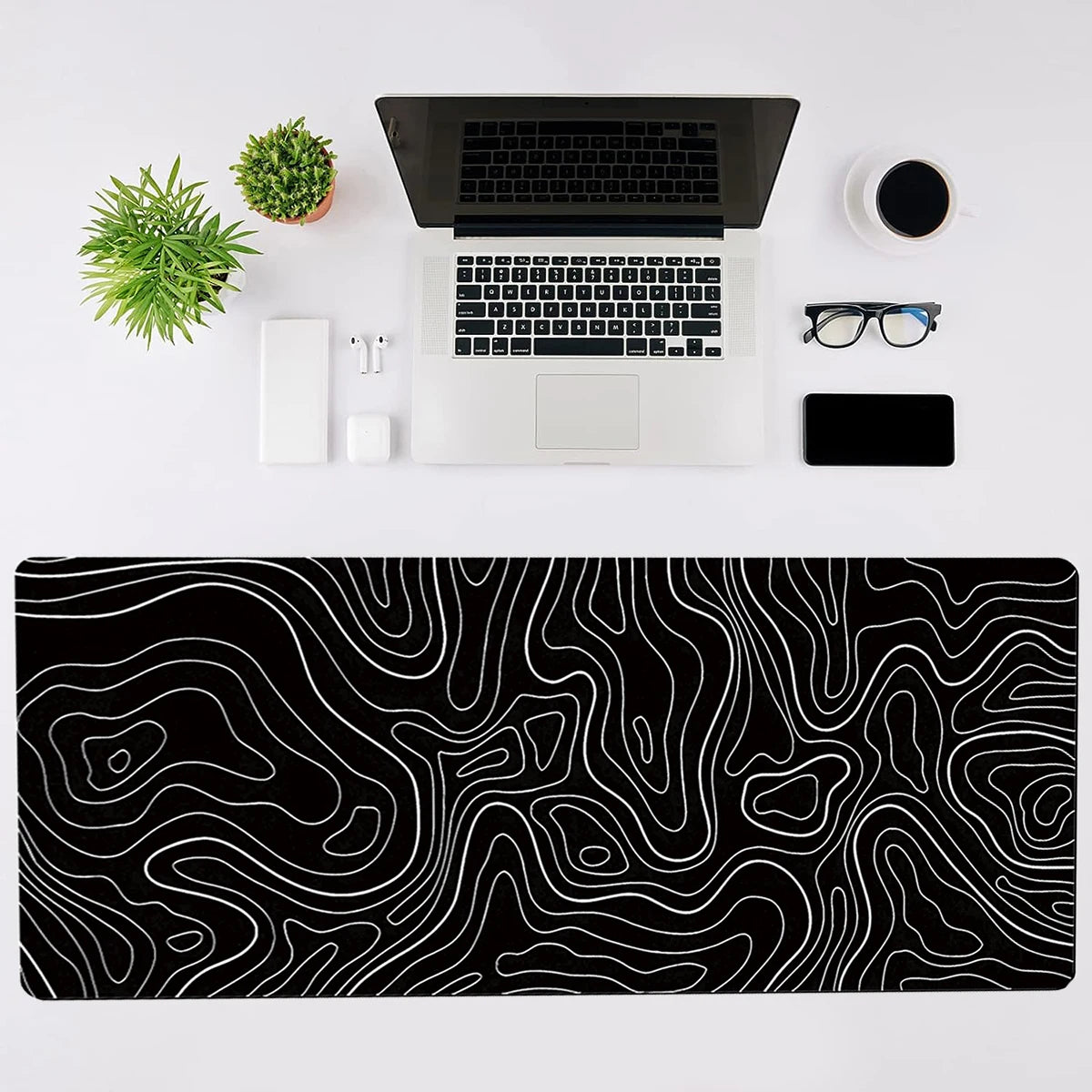 Gaming Mouse Pad #1 - 1 Pc, Large Keyboard Pad, 31.5 x 11.8in, Topographic, Black and White