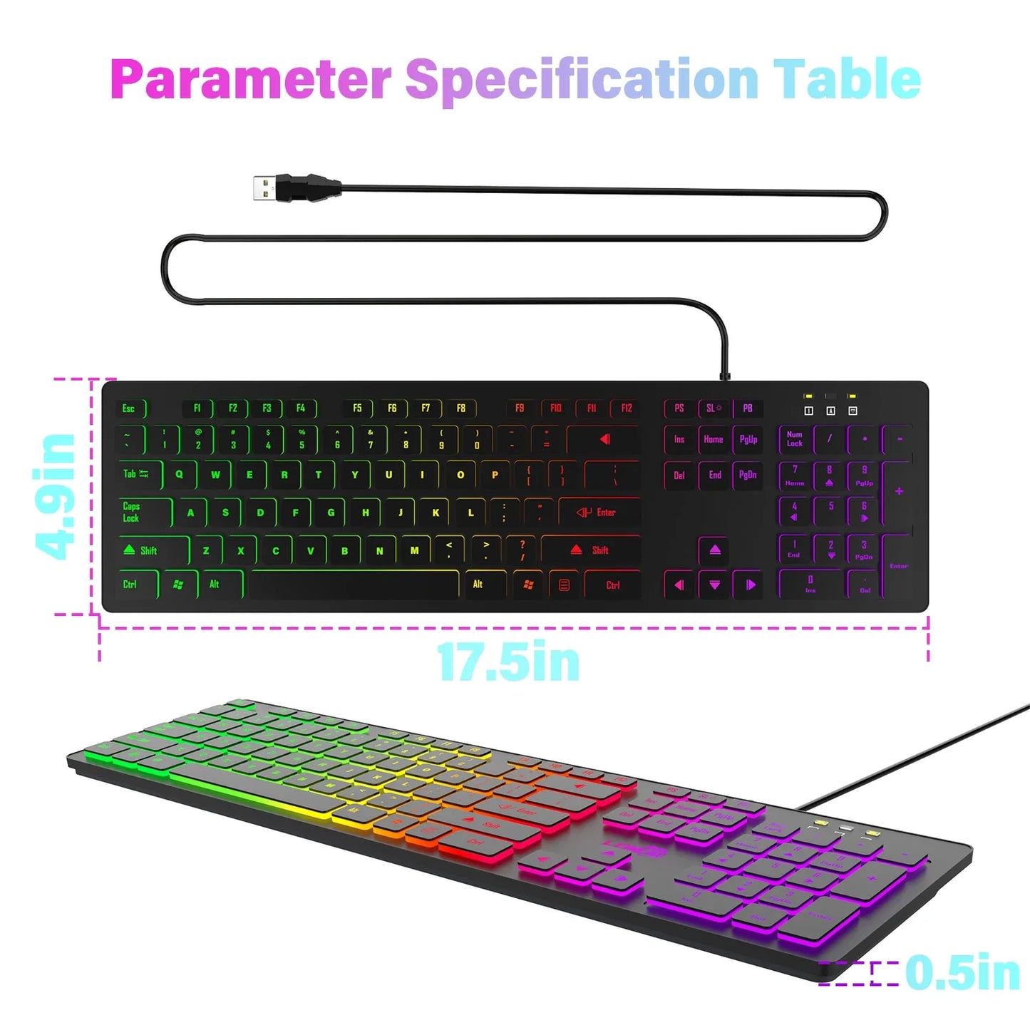 * Gaming Computer Keyboard - Light Backlit RGB, Mute Wired Keyboard, USB, Office, Home, Available in German, Russian, Arabic, Spanish, English and French