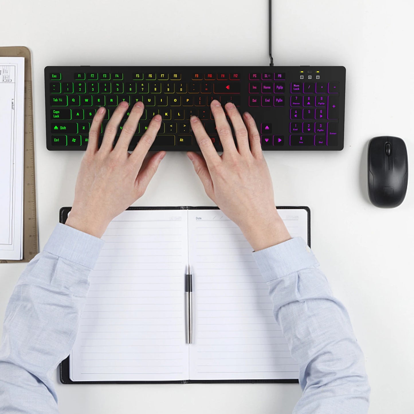 * Gaming Computer Keyboard - Light Backlit RGB, Mute Wired Keyboard, USB, Office, Home, Available in German, Russian, Arabic, Spanish, English and French