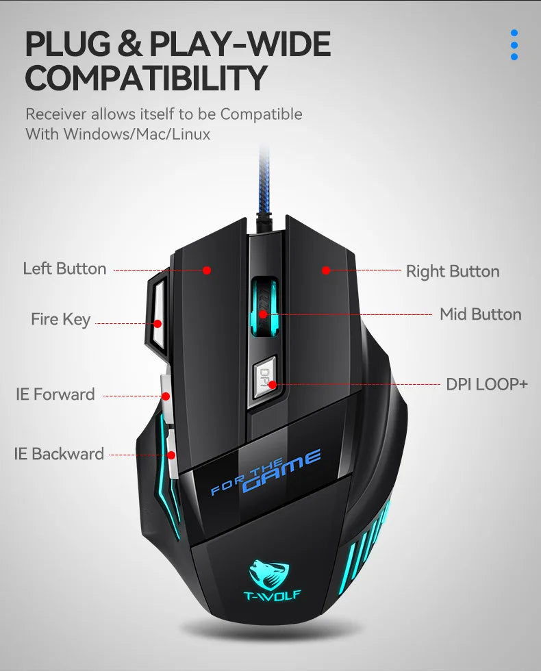 Gaming Computer Mouse #8 - USB Wired, 7 Button, Backlit Ergonomic, Backlight Adjustable