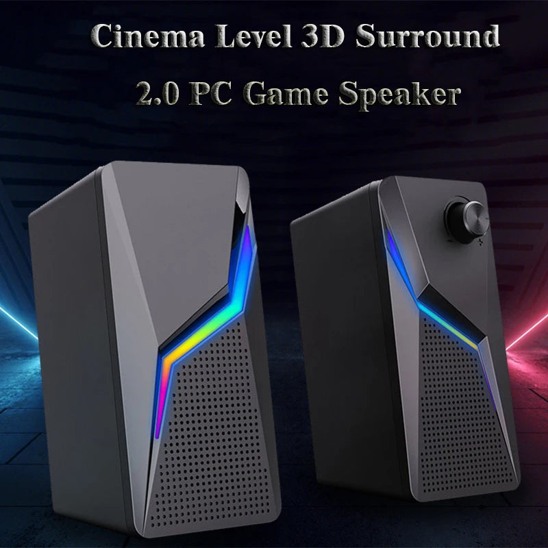 Computer Gaming Speakers - PC Sound Box, HIFI Stereo, Microphone USB Wired With LED RGB Lighting, Strong Bass 2.0 Loudspeaker