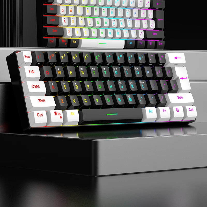 Wired Gaming Keyboard - 60% compact wired keyboard with 61 key membrane layout, RGB backlighting, ergonomic design, small and portable office computer