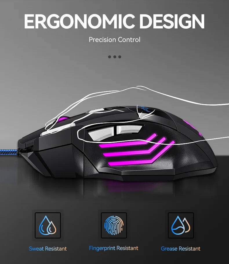 Gaming Computer Mouse #8 - USB Wired, 7 Button, Backlit Ergonomic, Backlight Adjustable