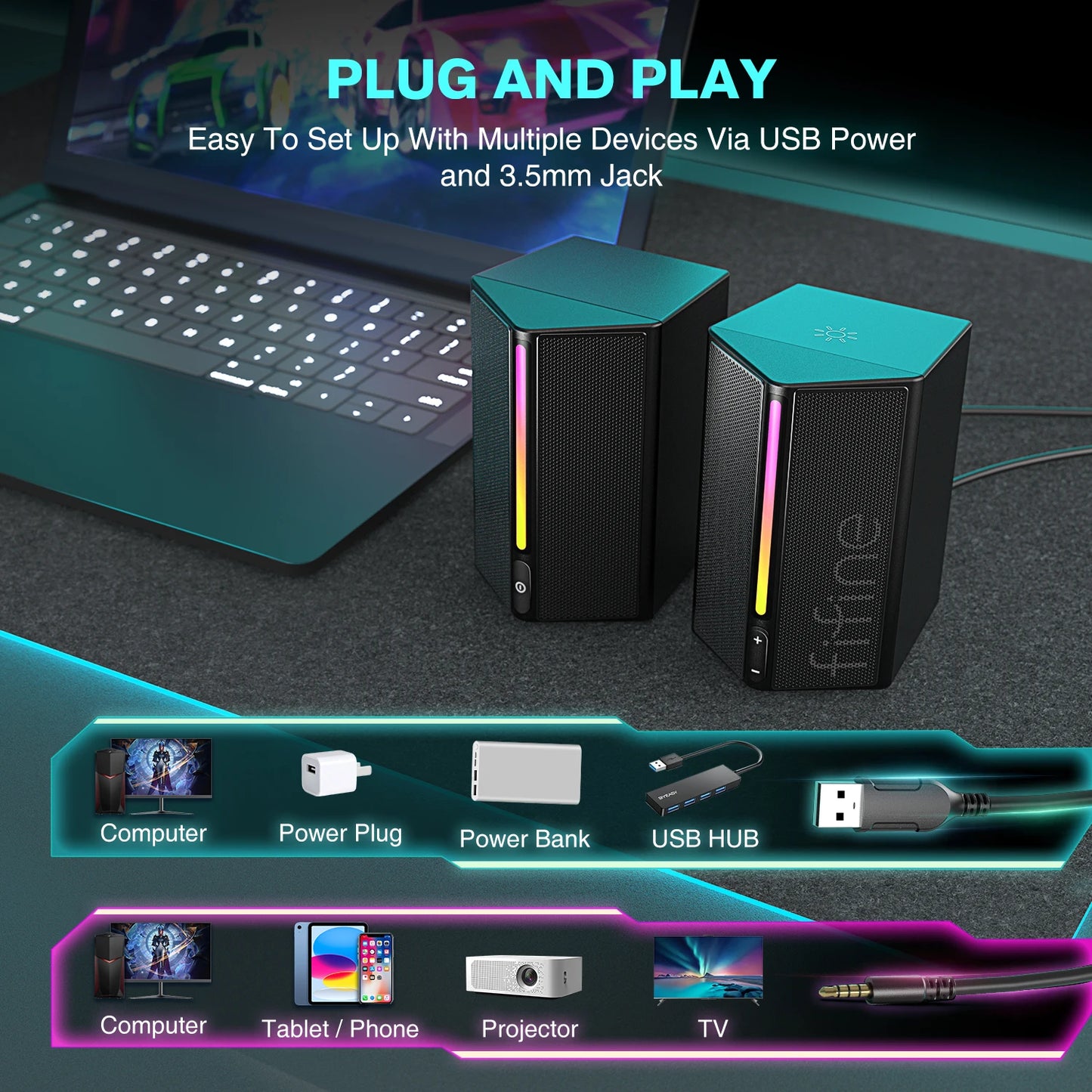 * Gaming Computer Speakers - FIFINE Sound Box with Stereo Surround Sound, USB RGB Speaker with Vol Control for PC, Laptop, PS4/5, TV