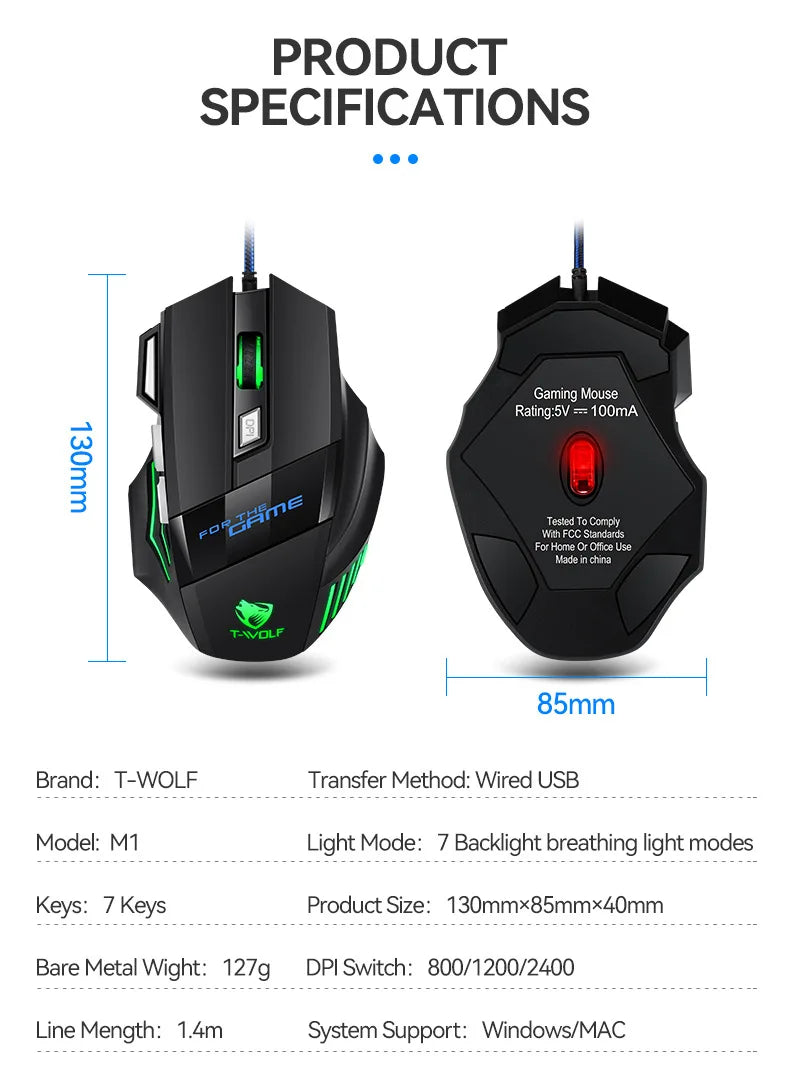 Gaming Computer Mouse #8 - USB Wired, 7 Button, Backlit Ergonomic, Backlight Adjustable