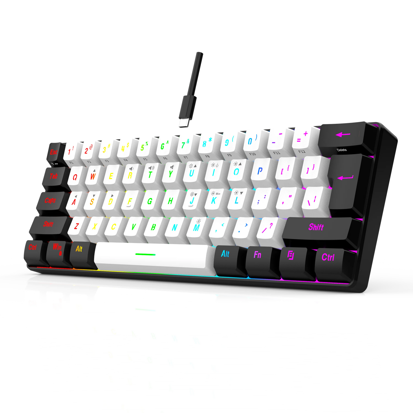 Wired Gaming Keyboard - 60% compact wired keyboard with 61 key membrane layout, RGB backlighting, ergonomic design, small and portable office computer