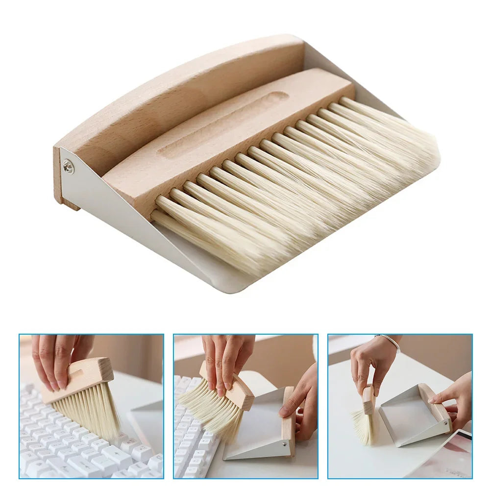 * Mini Dustpan and Brush Set - Wood, Small Metal Pan, Natural Table Handy Brush, Sweeping Home, Kitchen, Car, Office, Storage