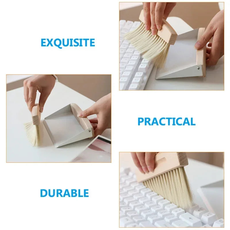 * Mini Dustpan and Brush Set - Wood, Small Metal Pan, Natural Table Handy Brush, Sweeping Home, Kitchen, Car, Office, Storage