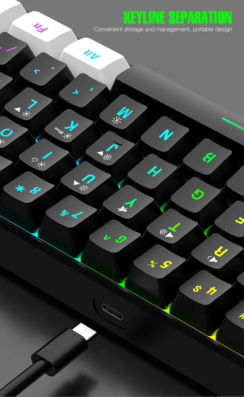 Wired Gaming Keyboard - 60% compact wired keyboard with 61 key membrane layout, RGB backlighting, ergonomic design, small and portable office computer