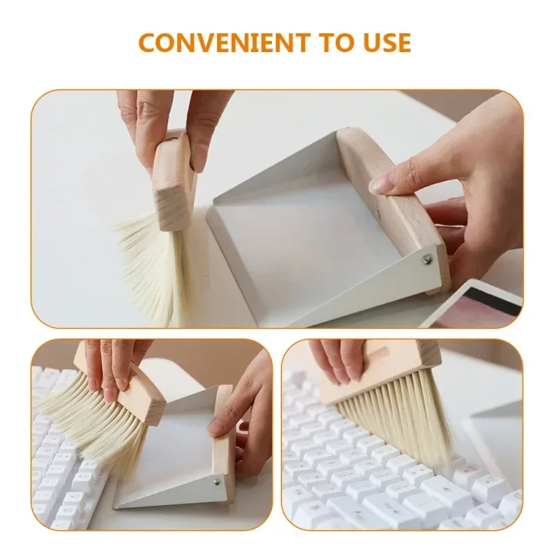 * Mini Dustpan and Brush Set - Wood, Small Metal Pan, Natural Table Handy Brush, Sweeping Home, Kitchen, Car, Office, Storage