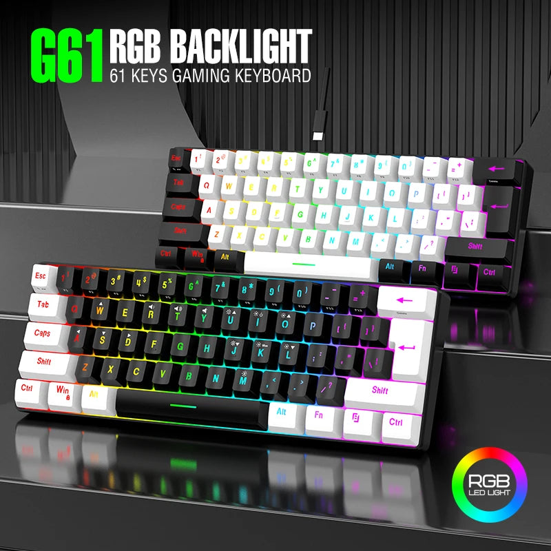 Wired Gaming Keyboard - 60% compact wired keyboard with 61 key membrane layout, RGB backlighting, ergonomic design, small and portable office computer