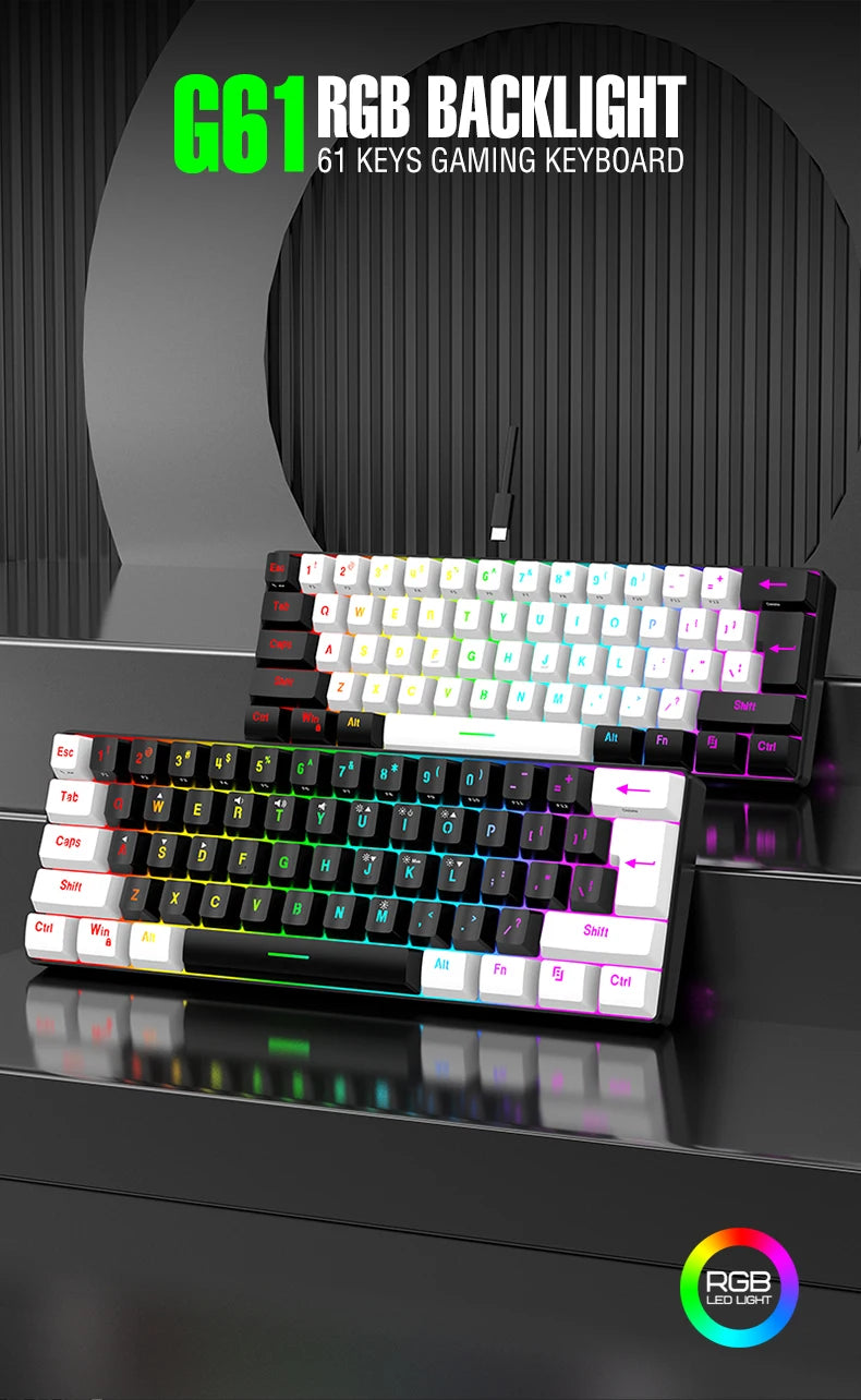Wired Gaming Keyboard - 60% compact wired keyboard with 61 key membrane layout, RGB backlighting, ergonomic design, small and portable office computer