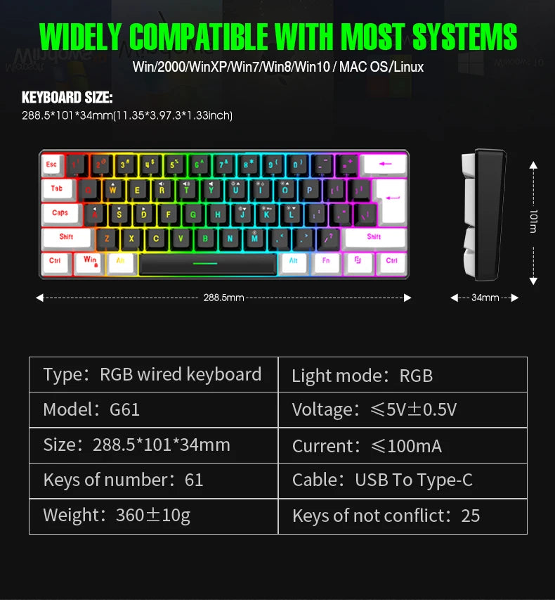 Wired Gaming Keyboard - 60% compact wired keyboard with 61 key membrane layout, RGB backlighting, ergonomic design, small and portable office computer