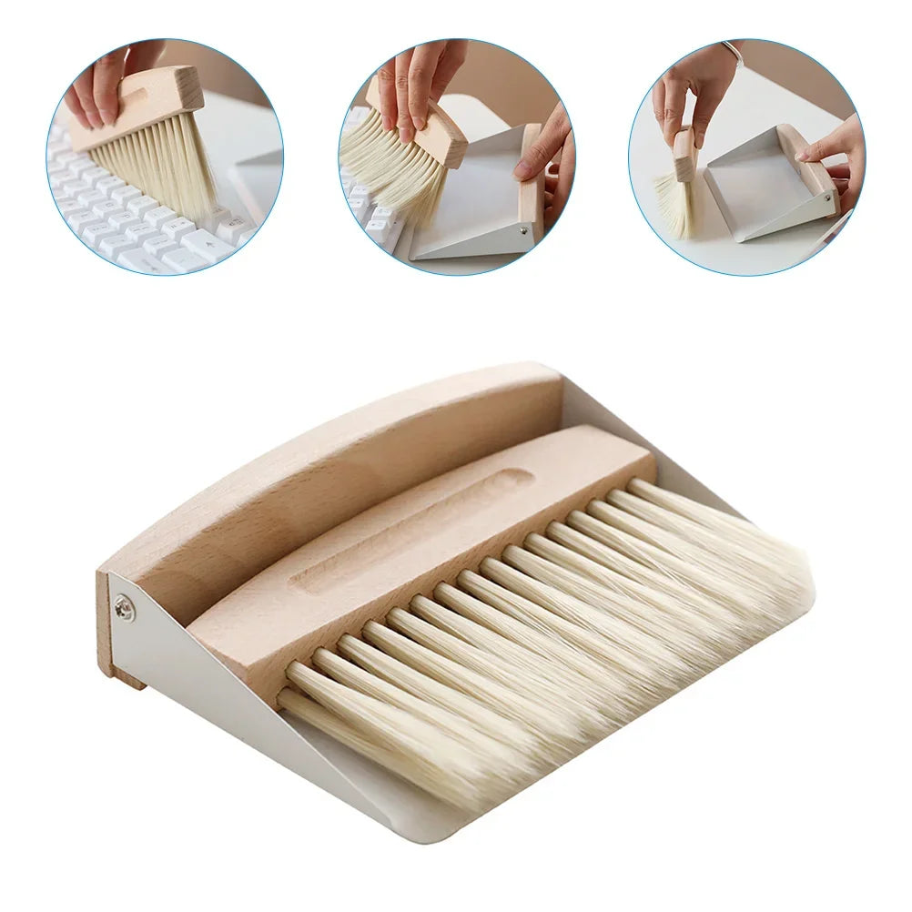 * Mini Dustpan and Brush Set - Wood, Small Metal Pan, Natural Table Handy Brush, Sweeping Home, Kitchen, Car, Office, Storage