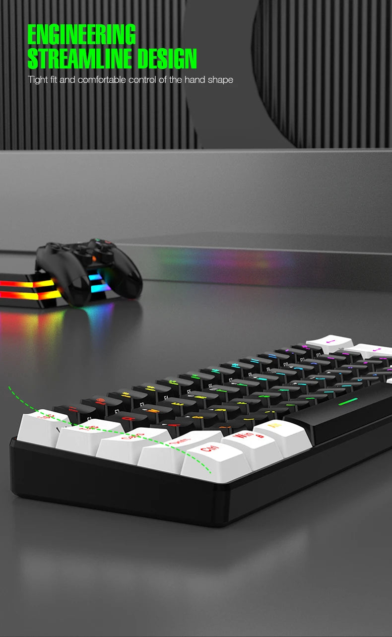 Wired Gaming Keyboard - 60% compact wired keyboard with 61 key membrane layout, RGB backlighting, ergonomic design, small and portable office computer