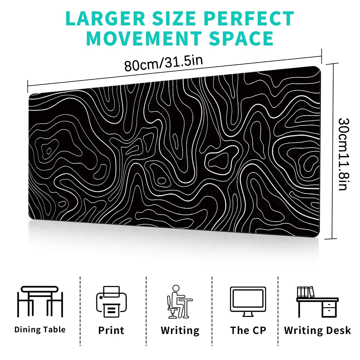 Gaming Mouse Pad #1 - 1 Pc, Large Keyboard Pad, 31.5 x 11.8in, Topographic, Black and White